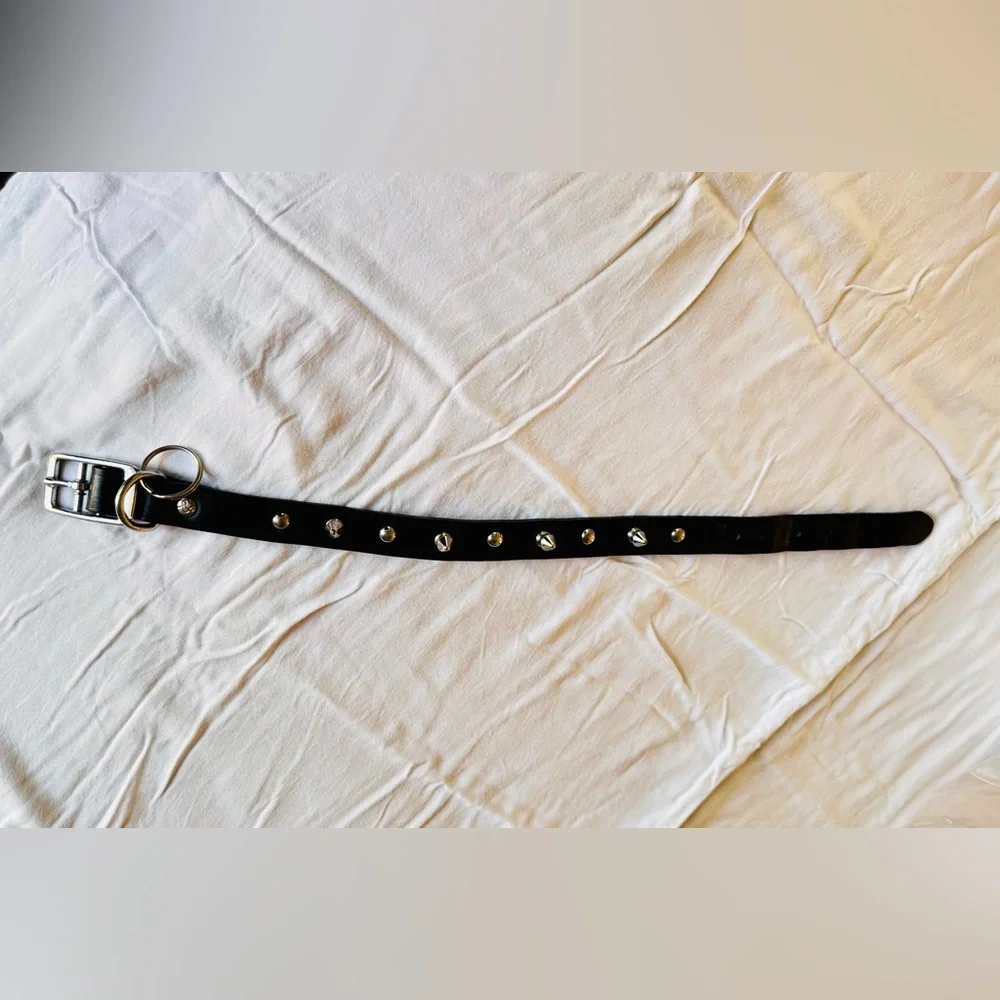 Spiked Black Leather Silver Studded Dog Collar 1” Wide 17.5” Long